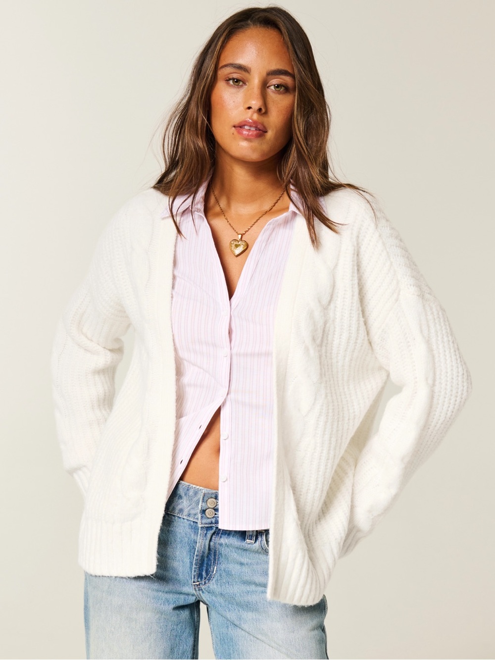 NWT Hollister Cable Knit Cardigan Sweater Ivory White Open Front Cozy Size Small